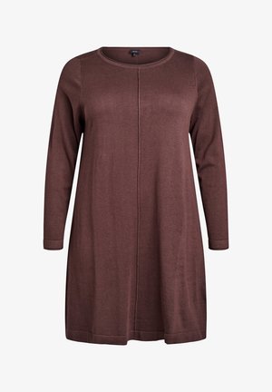 Bruine gebreide jurk met lange mouwen, ronde halslijn en een naaddetail aan de voorkant. Zachte textuur, ontspannen pasvorm, knie-lengte ontwerp.