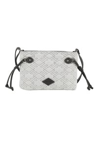 Grau gepäkelte Tasche mit geometrischem Muster, ausgestattet mit schwarzen Akzenten, doppelten Zugbändern und einem flachen Design. Maße nicht angegeben.