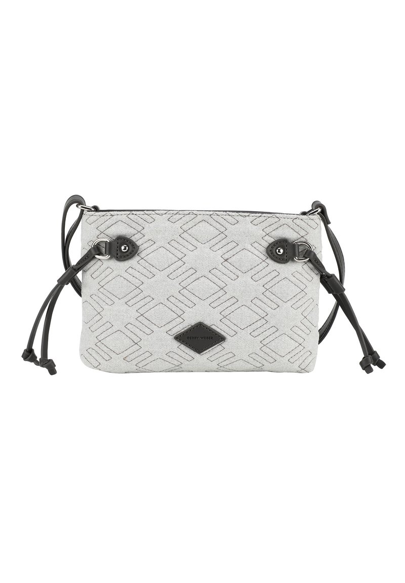 Grau gepäkelte Tasche mit geometrischem Muster, ausgestattet mit schwarzen Akzenten, doppelten Zugbändern und einem flachen Design. Maße nicht angegeben.