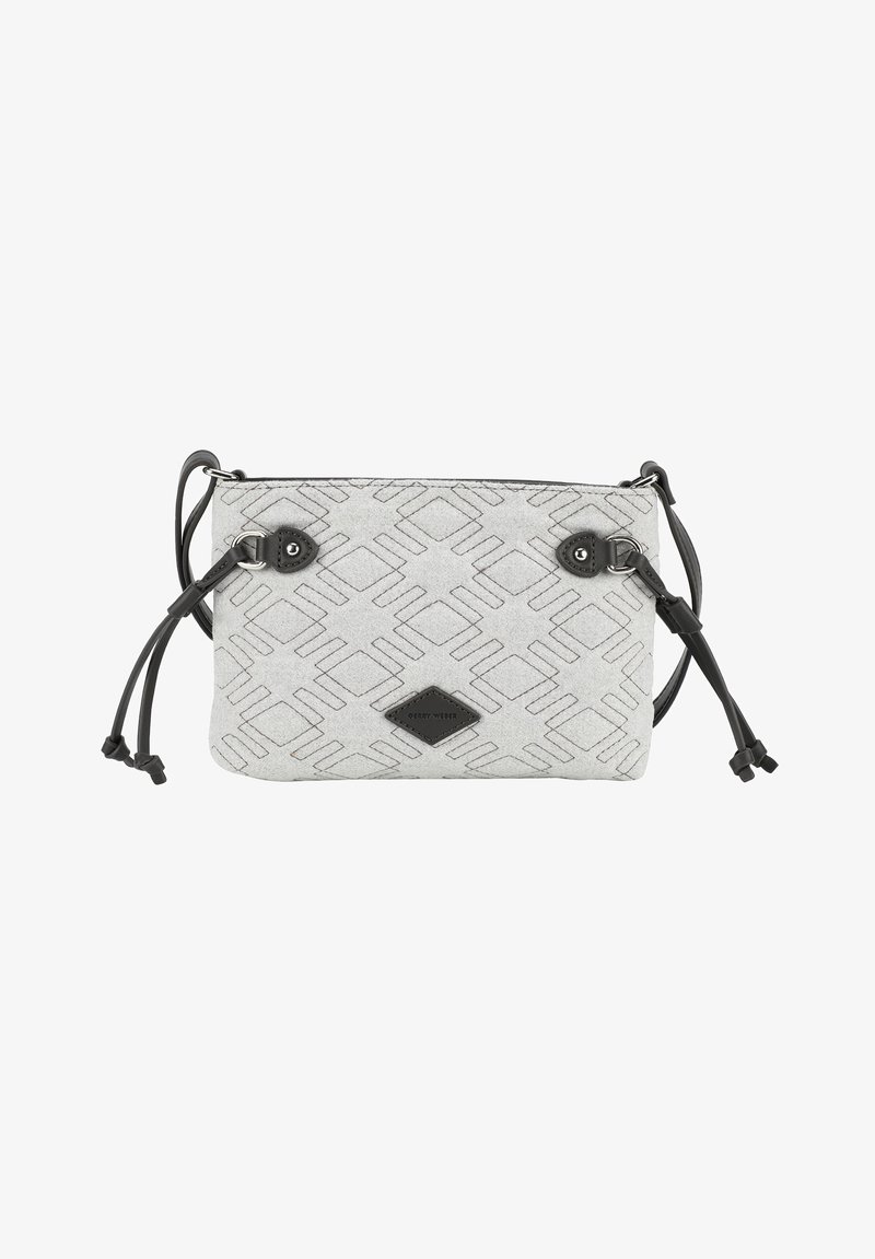 Grau gepäkelte Tasche mit geometrischem Muster, ausgestattet mit schwarzen Akzenten, doppelten Zugbändern und einem flachen Design. Maße nicht angegeben.