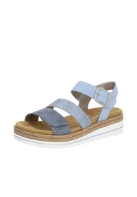 Blue and grey strappy sandal with a textured strap, adjustable buckle, cushioned footbed, and white wedge sole with a braided accent.