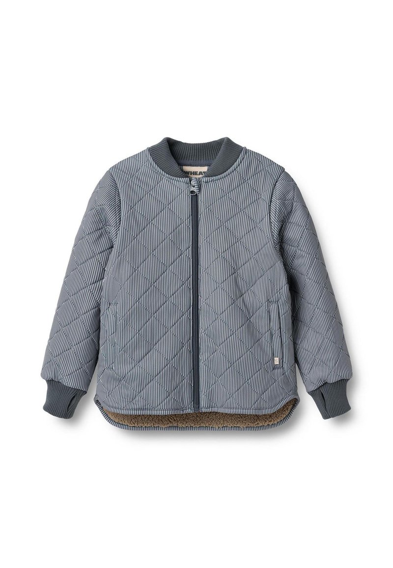 Grå quiltet bomberjakke med lynlås, diagonal syning, ribbet krave og manchetter, sidelommer og en blød indvendig foring.