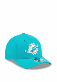 Cappellino da baseball turchese con logo di delfino ricamato e dettaglio a raggi di sole sul davanti. Presenta una visiera strutturata e una vestibilità regolabile.