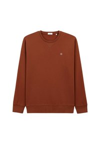 Sweatshirt brun avec un col rond, des manches longues et un petit logo sur la poitrine. Fabriqué en coton doux avec une texture lisse.