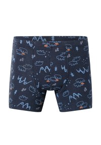 Námořnické modré boxerky s opakujícím se vzorem medvěda a hor v světle modré a oranžové barvě. Vyrobeno z měkkého a elastického materiálu.