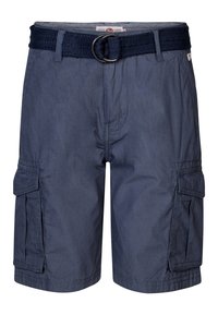 Laivastonsiniset cargo-shortsit, joissa on kudottu vyö ja metallinen solki. Shortsissa on cargo-taskut kummallakin puolella ja teksturoitu kangaspinta.