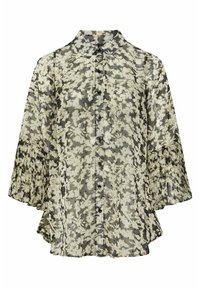 Genomskinlig blus med krage, knappstängning framtill och veckade trumpetärmar. Har ett blommönster i nyanser av grått, kräm och guldbroderier.