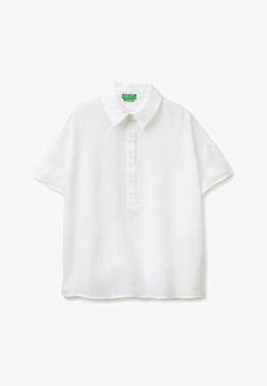 White short-sleeve collared shirt with front button placket and green "United Colors of Benetton" label inside collar.