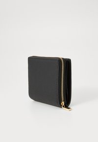 Black leather wallet with a textured surface, featuring a gold zipper and rectangular shape. Compact design. No visible patterns or accents.