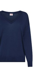 Maglione a maniche lunghe di un blu navy con scollatura a V, polsini e orlo a costine. Realizzato in tessuto testurizzato, presenta un piccolo logo sul petto.