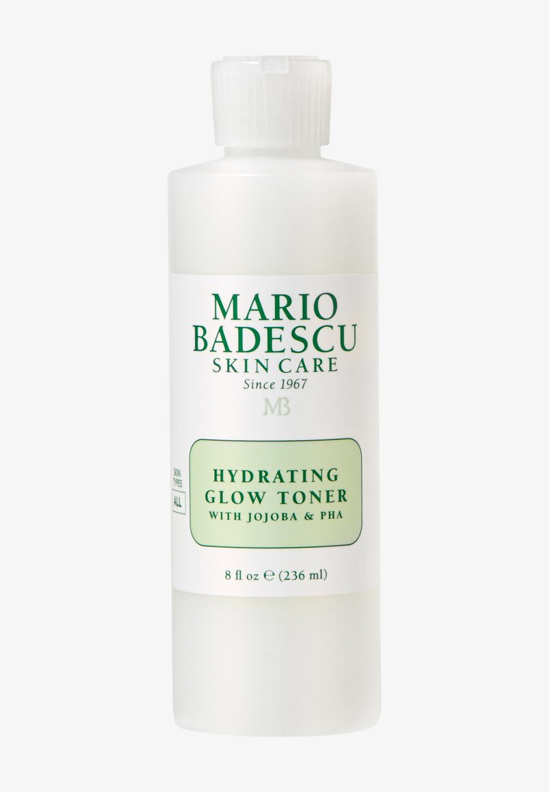 Butelka toniku nawilżającego Mario Badescu Hydrating Glow z jojobą i PHA, 236 ml (8 fl oz), biały plastik z zieloną etykietą tekstową.
