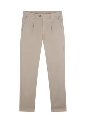 Pantalones beige de corte recto con trabillas para cinturón, cierre frontal con botón y cremallera, y bolsillos laterales, mostrados planos sobre un fondo blanco.