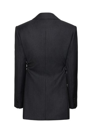 Mustast kohandatud ülikonnajakk tagantvaates, lõhkise kraega ja nööbitud mansettidega, valgel tavalisel taustal.