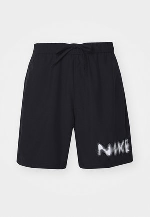 Pantaloni da bagno neri con vita elastica e lacci. Presentano un logo "NIKE" in gradiente bianco sul lato destro in basso.