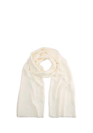 Sciarpa morbida color crema chiaro, delicatamente piegata con una leggera texture e bordi sfrangiati su uno sfondo bianco.