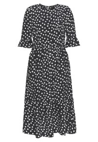 Mustat midi-mekko, jossa on valkoisia pieniä kukkakuoseja, lyhyet röyhelöhiat, istuva vyötärö ja levenevä helma.