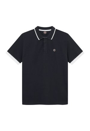 Marineblå polo med korte ærmer og hvide kanter på krave og ærmekanter, med en lille rund logo på venstre bryst.