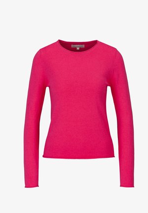 Dlouhý rukáv, tričko s kulatým výstřihem v jasně růžové barvě. Vyrobeno z hladkého bavlněného materiálu s přiléhavým střihem a bez viditelných vzorů nebo akcentů.