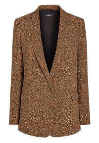Bruine geblokte blazer met een ingezette revers, twee voorkeursvakken en een sluiting met één knoop. Het materiaal heeft een gestructureerde, stoffen uitstraling.
