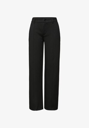 Sorte bukser med vide ben lavet af et glat stof. Har lukning med knap og to lodrette sømdetaljer foran.