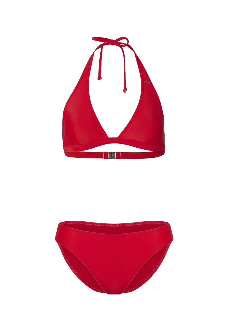 Rdeč bikini set s topom na halterneck z trikotno obliko in nastavljivimi trakovi, v kompletu s srednje visokimi bikini hlačkami v usklajeni barvi.