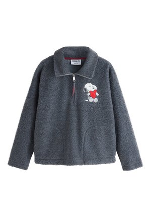 Dunkelgraue Fleecejacke mit Viertel-Reißverschluss und Kragen, mit Snoopy, der ein rotes Herz auf der linken Brust hält.