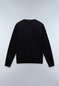 Czarny dres z długimi rękawami, okrągłym dekoltem i lekko teksturowanym wykończeniem. Posiada subtelny akcent na rękawie i schludny design.