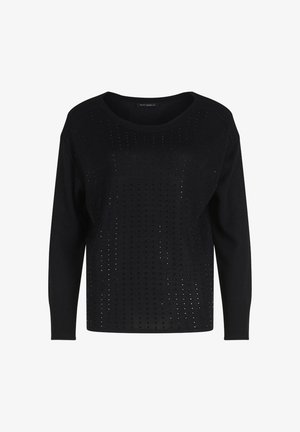 Black lightweight sweater with a boat neck, featuring a pattern of small open holes throughout, drop shoulders, and ribbed cuffs.