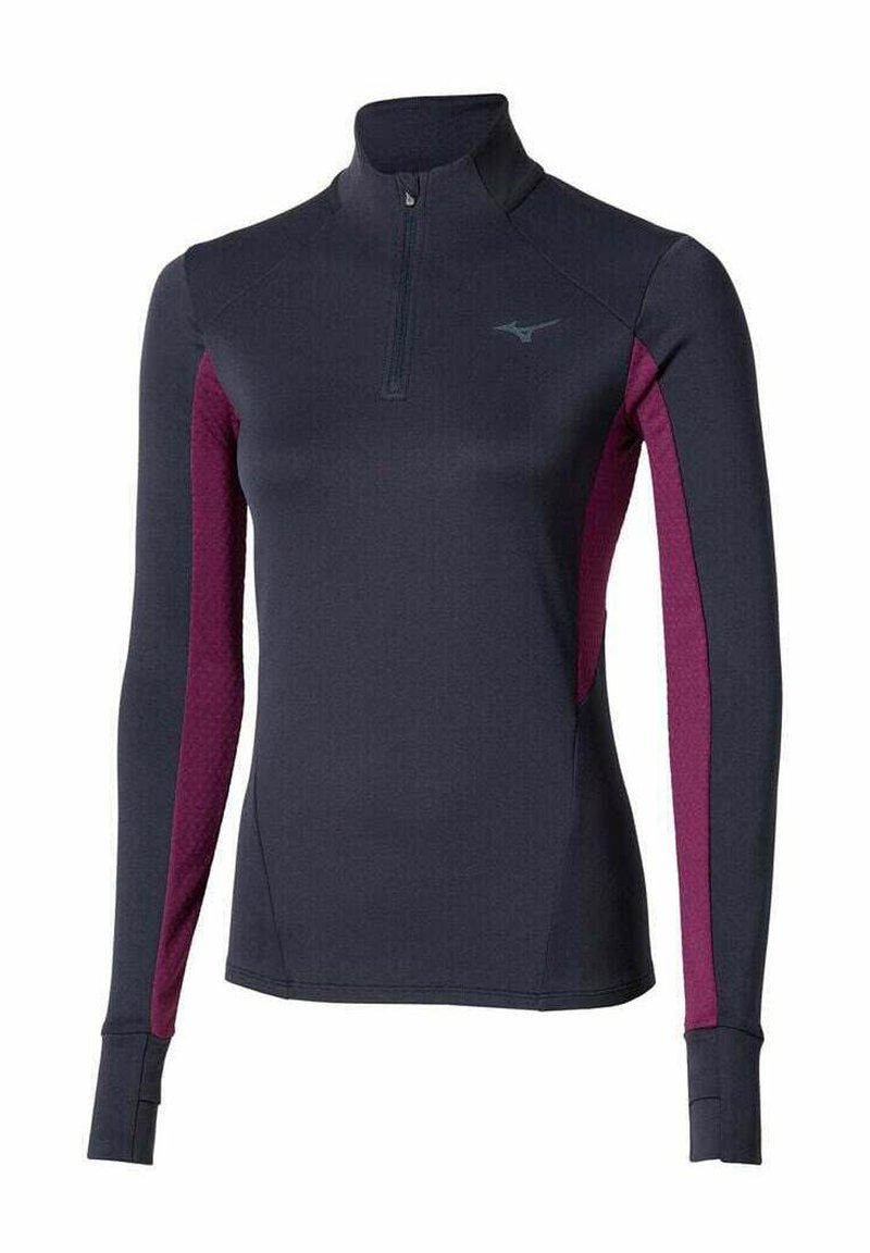Langärmliges, dunkelblaues Sportoberteil mit lila seitlichen Einsätzen, einem Viertelreißverschluss und Daumenlöchern an den Bündchen.