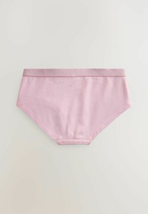 Jasnoróżowa bawełniana bielizna typu bikini o gładkiej fakturze i elastycznym pasie, z prostym przeszyciem wzdłuż krawędzi.