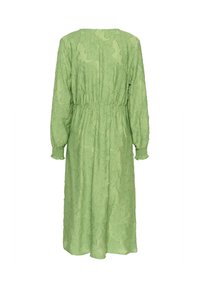 Grünes Kleid aus strukturiertem Stoff mit floralem Muster, langen Ärmeln, elastischem Bund und knielanger Länge. Rückansicht zeigt.