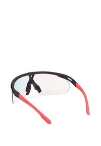 Sportsonnenbrille mit einem schwarzen Rahmen und klaren Gläsern. Besitzt pinkfarbene Griffakzente an den Bügeln und ein leichtes, aerodynamisches Design.