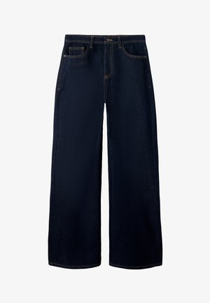 Temno modre kavbojke širokih hlačnic iz jeansa z zapiranjem na gumbe spredaj, petimi žepi in kontrastnim šivom ob šivih.