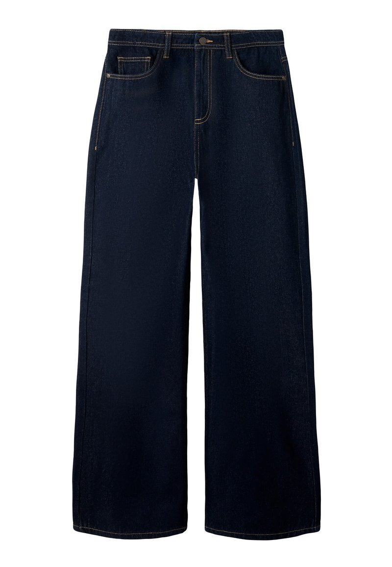 Tamsiai mėlynos plačiomis kojomis džinsai iš džinso, turintys priekinę sagų užsegimą, penkias kišenes ir kontrastingą siuvimą palei siūles.