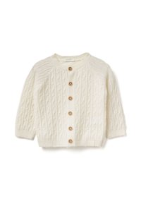Krémový dětský kardigan s pleteným vzorem, kulatým výstřihem a šesti dřevěnými knoflíky vpředu.