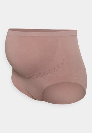 Graviditet undertøy laget av myk, elastisk lys brun stoff. Har en sømløs design med høy midje og ribbede detaljer for komfort.