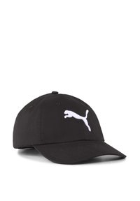 Sort baseball cap lavet af bomuld med en buet skygge. Har et hvidt Puma-logo broderet på forsiden og syede ventilationshuller.