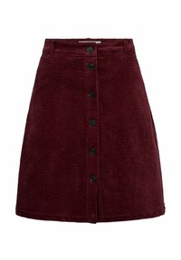 Bordowa spódnica z korduroju o prostym kroju, z przednim zapięciem na guziki w kolorze czarnym oraz kieszeniami po bokach.