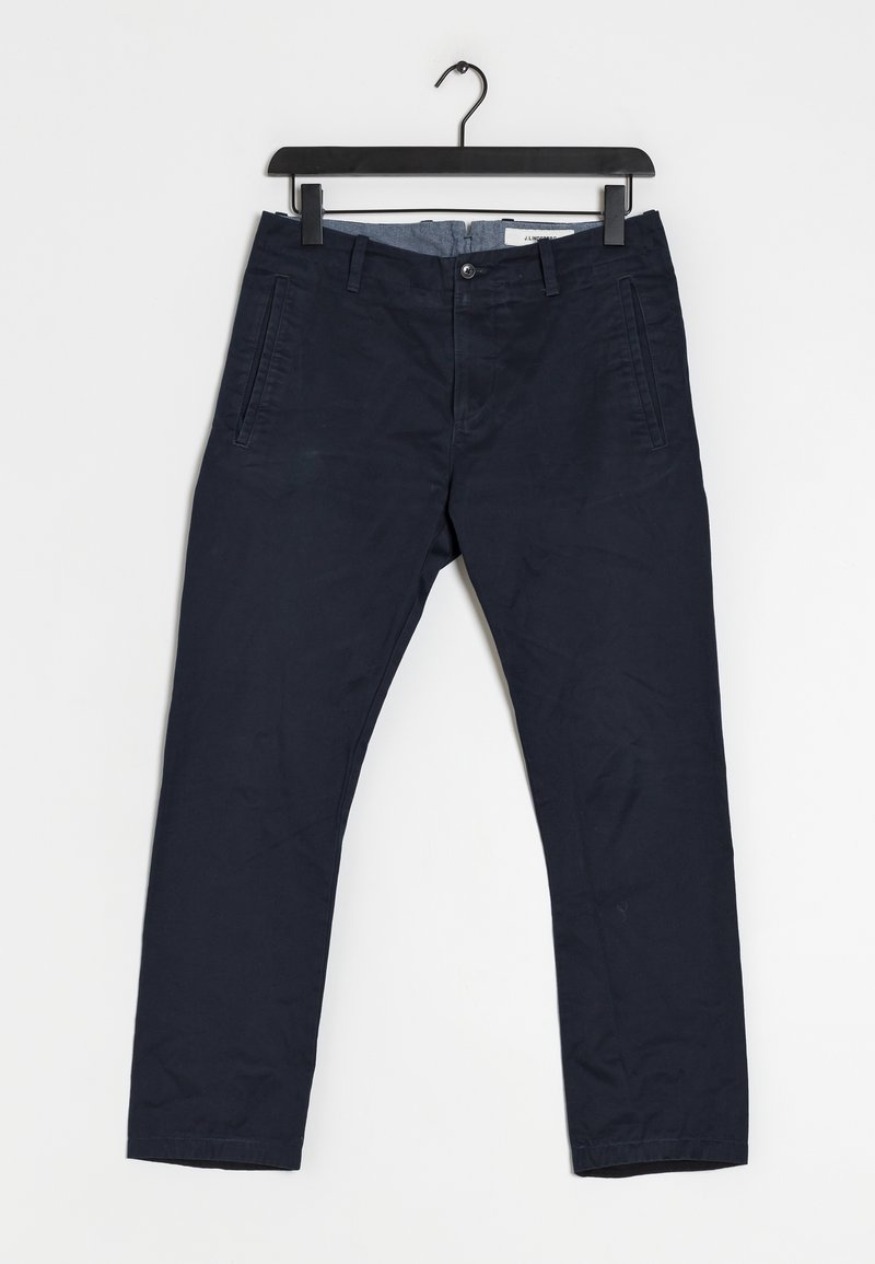 Námořnické modré bavlněné kalhoty se střihem rovné nohy, obsahující boční kapsy a zipový uzávěr. Hladká textura s minimalistickým vzhledem.