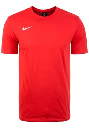 T-shirt rouge Nike Dri-FIT à manches courtes et col rond avec le logo Nike swoosh blanc sur la poitrine droite.