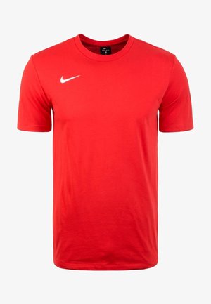 T-shirt rouge Nike Dri-FIT à manches courtes et col rond avec le logo Nike swoosh blanc sur la poitrine droite.