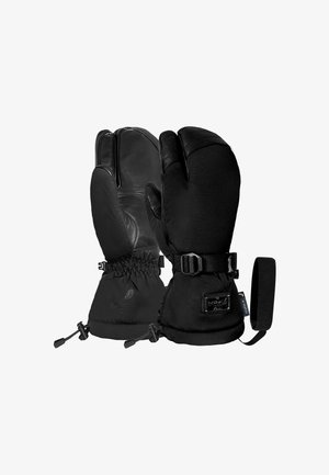 Schwarze wasserdichte Handschuhe mit Lederhandflächen, elastischen Bündchen und verstellbaren Riemen. Zu den Merkmalen gehören ein Logopatch und ein verstärktes Grip-Design.