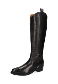 Czarny, skórzany kozaki sięgające do kolan z zaostrzonym noskiem, solidnym obcasem i ozdobnym przeszyciem po boku, wyposażone w pętlę ułatwiającą zakładanie.