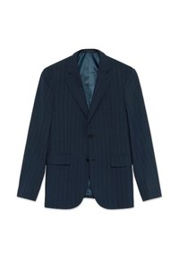 Blazer blu navy a righe sottili, monopetto, con due tasche frontali, rever a lancia, bottoni neri e una fodera blu liscia.