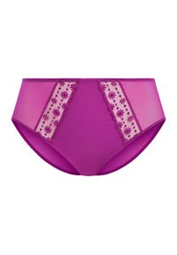High-waisted purple underwear featuring mesh panels with floral embroidery on either side, smooth texture, and a seamless design.
