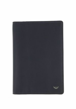 Portefeuille bifold en cuir noir avec petit emblème logo argenté en bas à droite, design avant épuré.