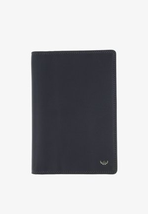 Portefeuille bifold en cuir noir avec petit emblème logo argenté en bas à droite, design avant épuré.