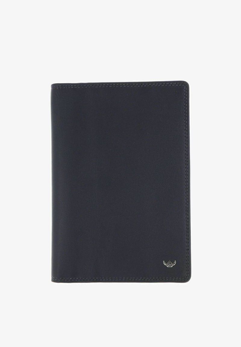 Portefeuille bifold en cuir noir avec petit emblème logo argenté en bas à droite, design avant épuré.