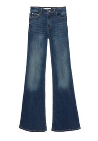 Jean en denim bleu foncé avec taille haute, bouton devant, cinq poches et jambes larges évasées avec des zones délavées sur les cuisses et les genoux.