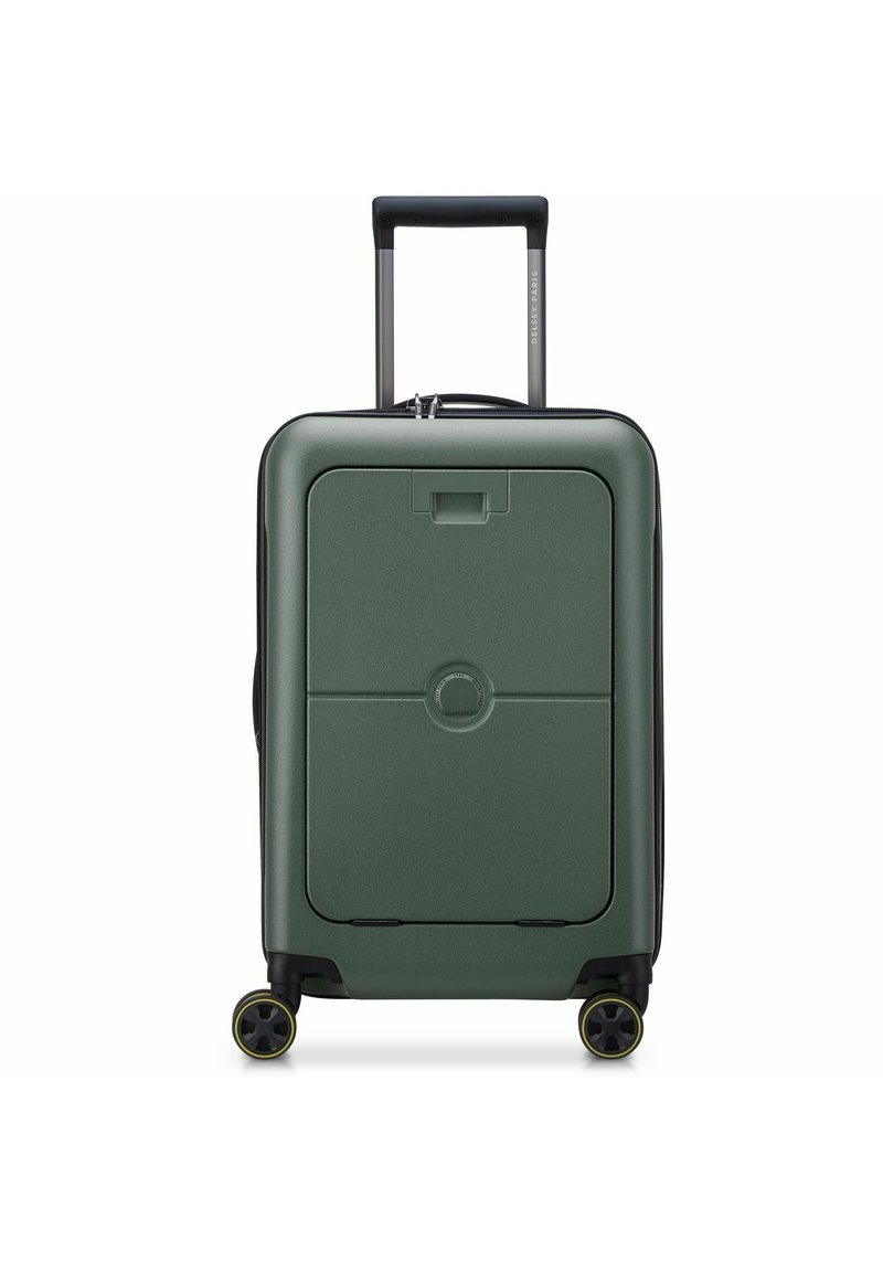 Valise rigide vert foncé avec un design rectangulaire, une poignée rétractable, des accents noirs et des roues jaunes. Présente une texture lisse.